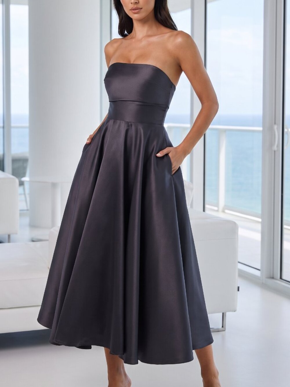 NWT REVOLVE Australia SHOWPO Helaina satin midi fit flare satin dress US 10 navy